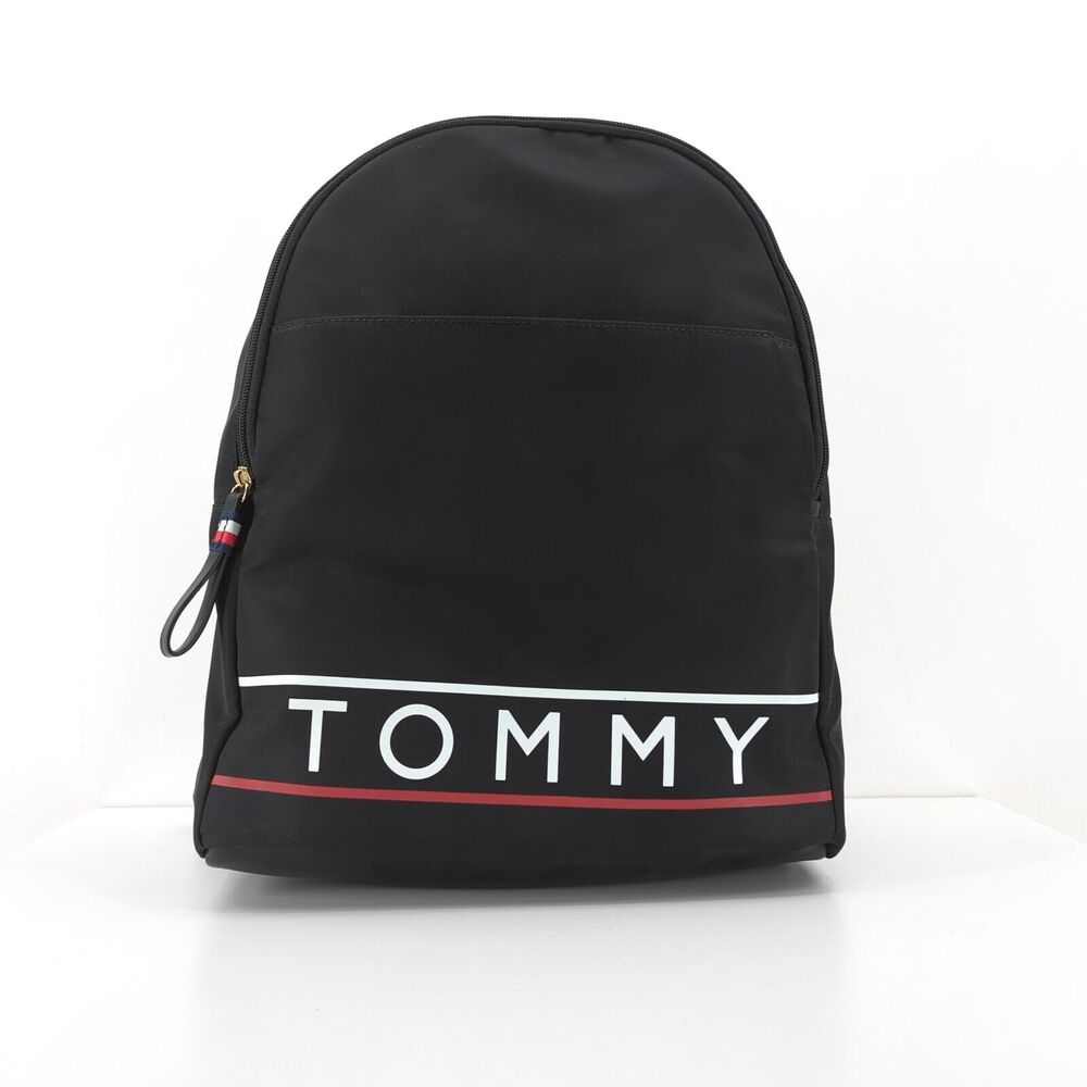 TOMMY HILFIGER Nylon Backpack Black Logo Zip School Academia Preppy Logo NEW
